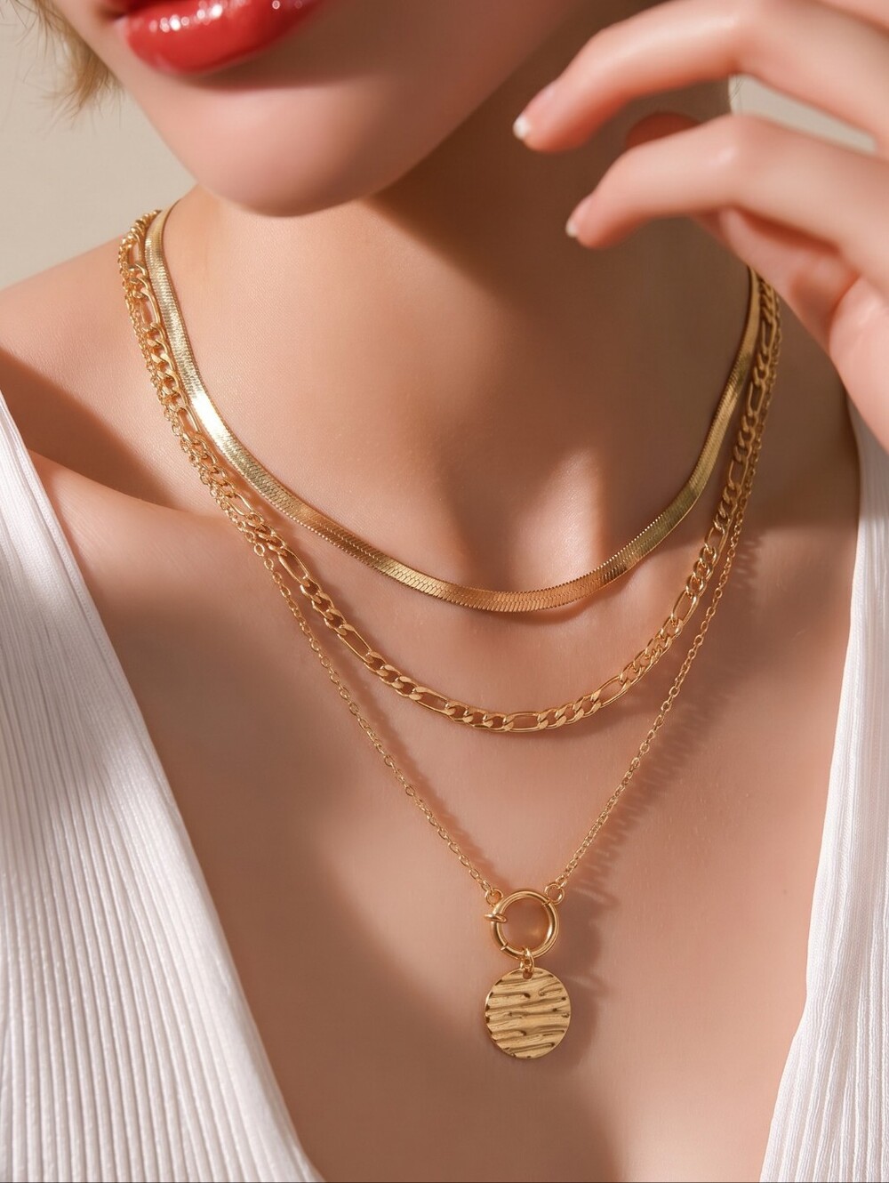 Gold Layered Necklace Set 3 Piece Herringbone Figaro Coin Layering Necklace New
